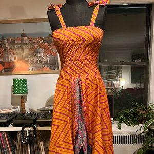 Bright multilayer midi dress with smocked elastic bodice